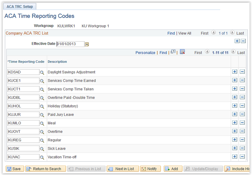 ACA Time Reporting Codes
