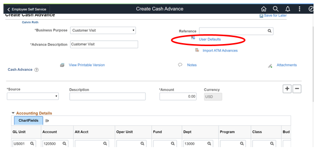 User Defaults - Cash Advance