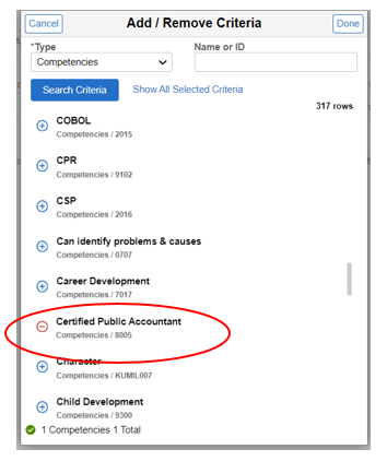 Profile Search - Add/Remove Criteria
